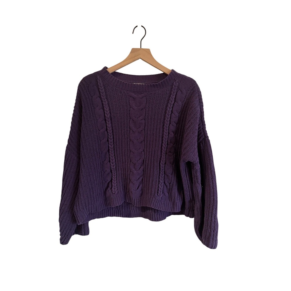 Womens Purple Cable Knit Chenille Sweater Size L Crew‎ Neck Cozy